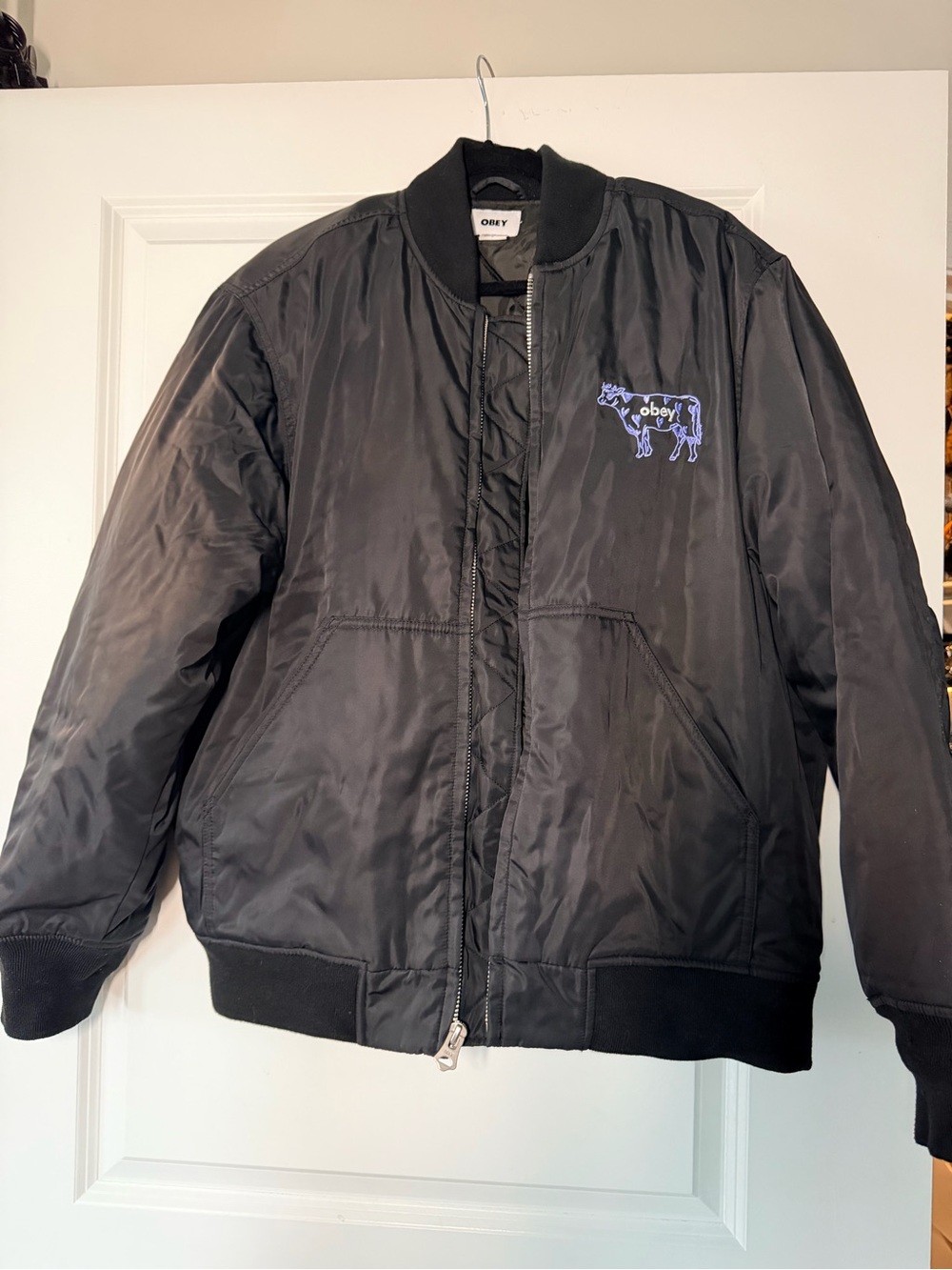 MENS/UNISEX L Obey Black Bomber Jacket with Purple Cow Logo